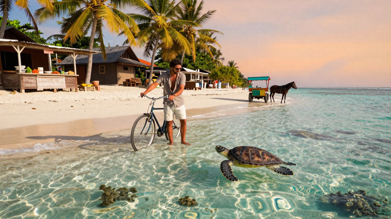 Homem com bicicleta observa tartaruga marinha em água rasa de praia tropical com palmeiras e construções ao fundo.