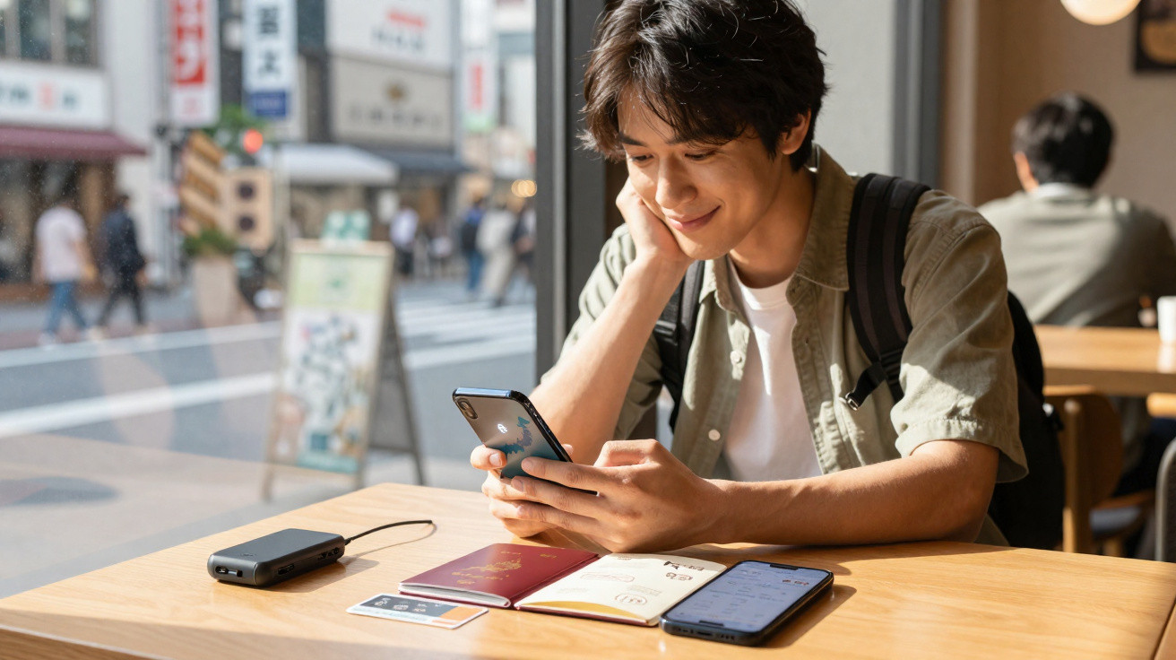 Jovem sorrindo enquanto usa smartphone sentado em mesa com passaporte, notebook, celular e carregador portátil.