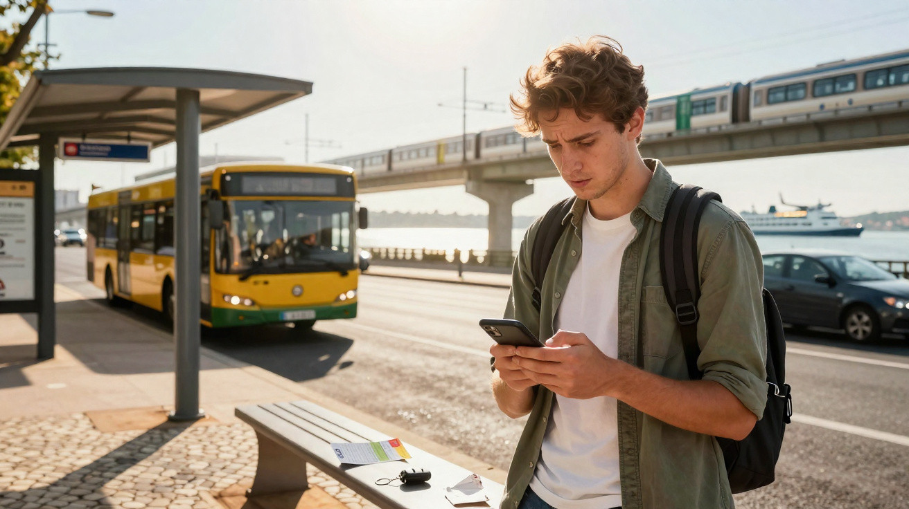 Jovem com mochila verifica celular em ponto de ônibus urbano amarelo sob viaduto próximo ao mar.