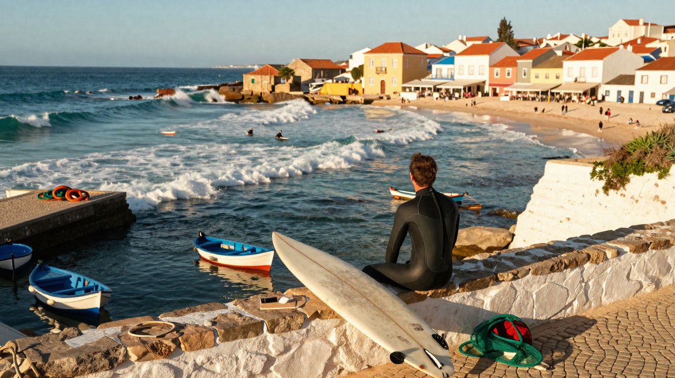 Homem com roupa de neoprene sentado em muro à beira-mar com prancha de surfe e barcos ao fundo.