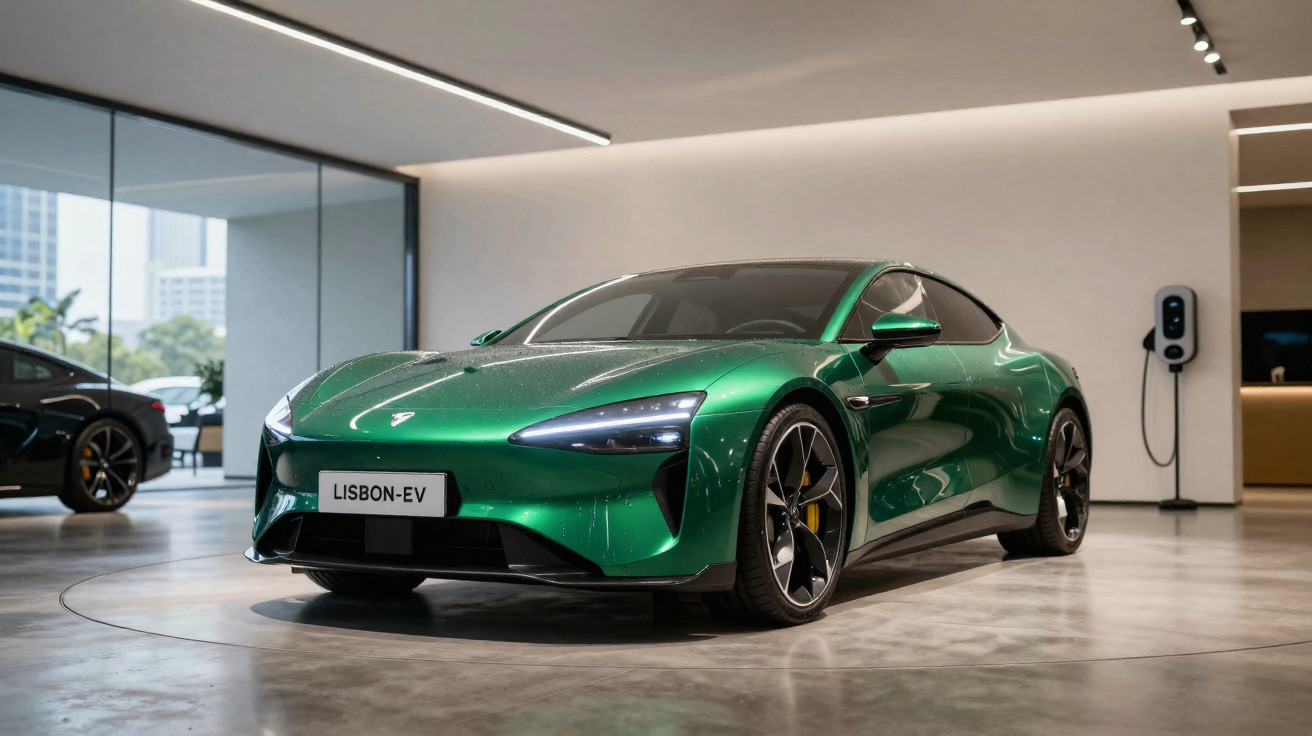 Carro esportivo elétrico verde metálico exibido em salão de automóveis moderno com carregador na parede.