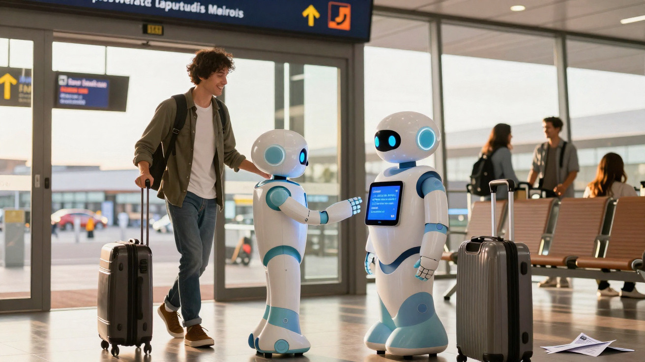 Jovem com mala interage com dois robôs futuristas em terminal de aeroporto moderno.