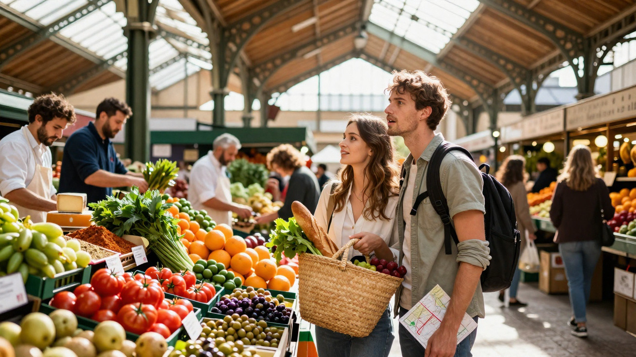 Casal jovem comprando frutas e legumes frescos em mercado coberto movimentado e iluminado.