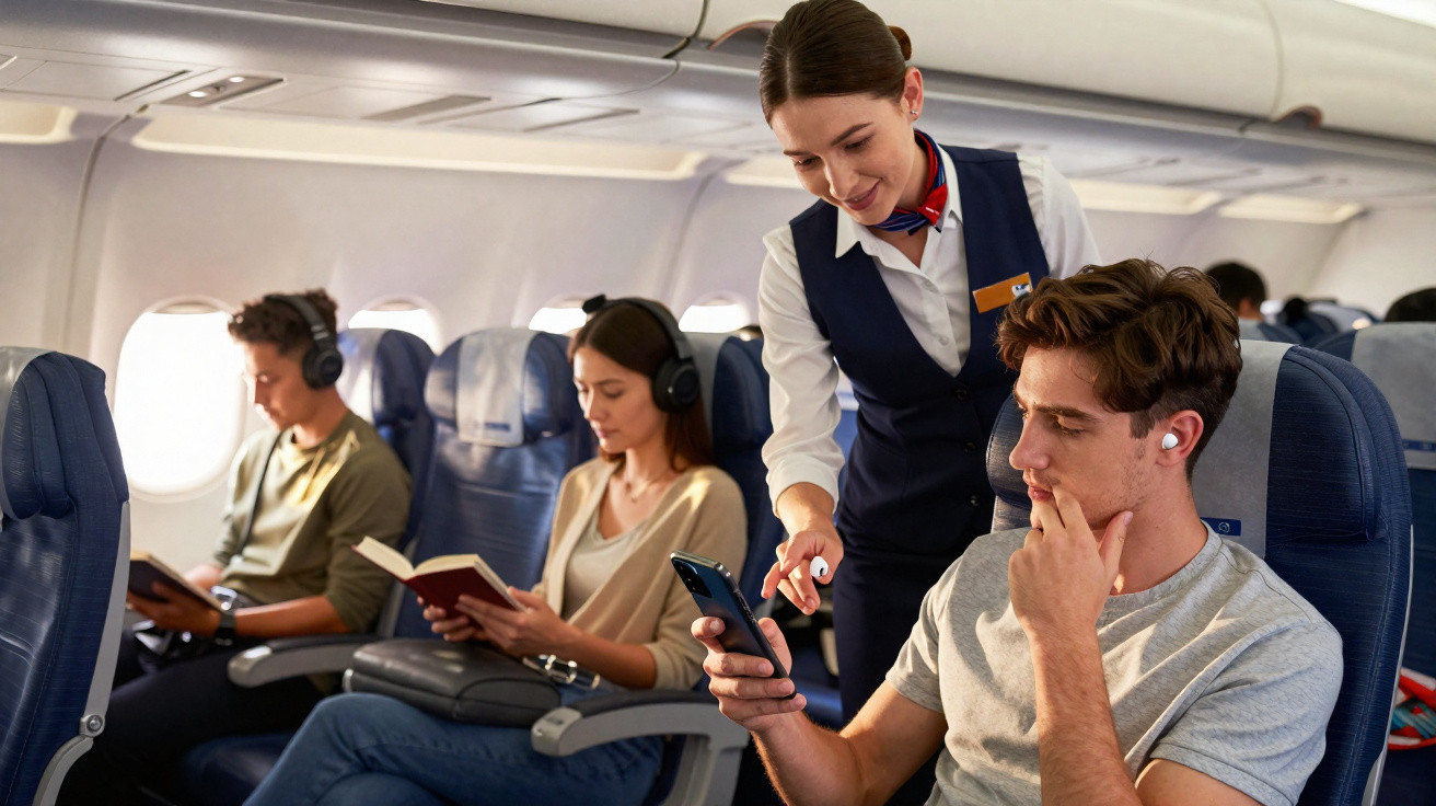 Comissária de bordo auxiliando passageiro com celular em voo comercial, outros passageiros lendo livros e ouvindo fone.