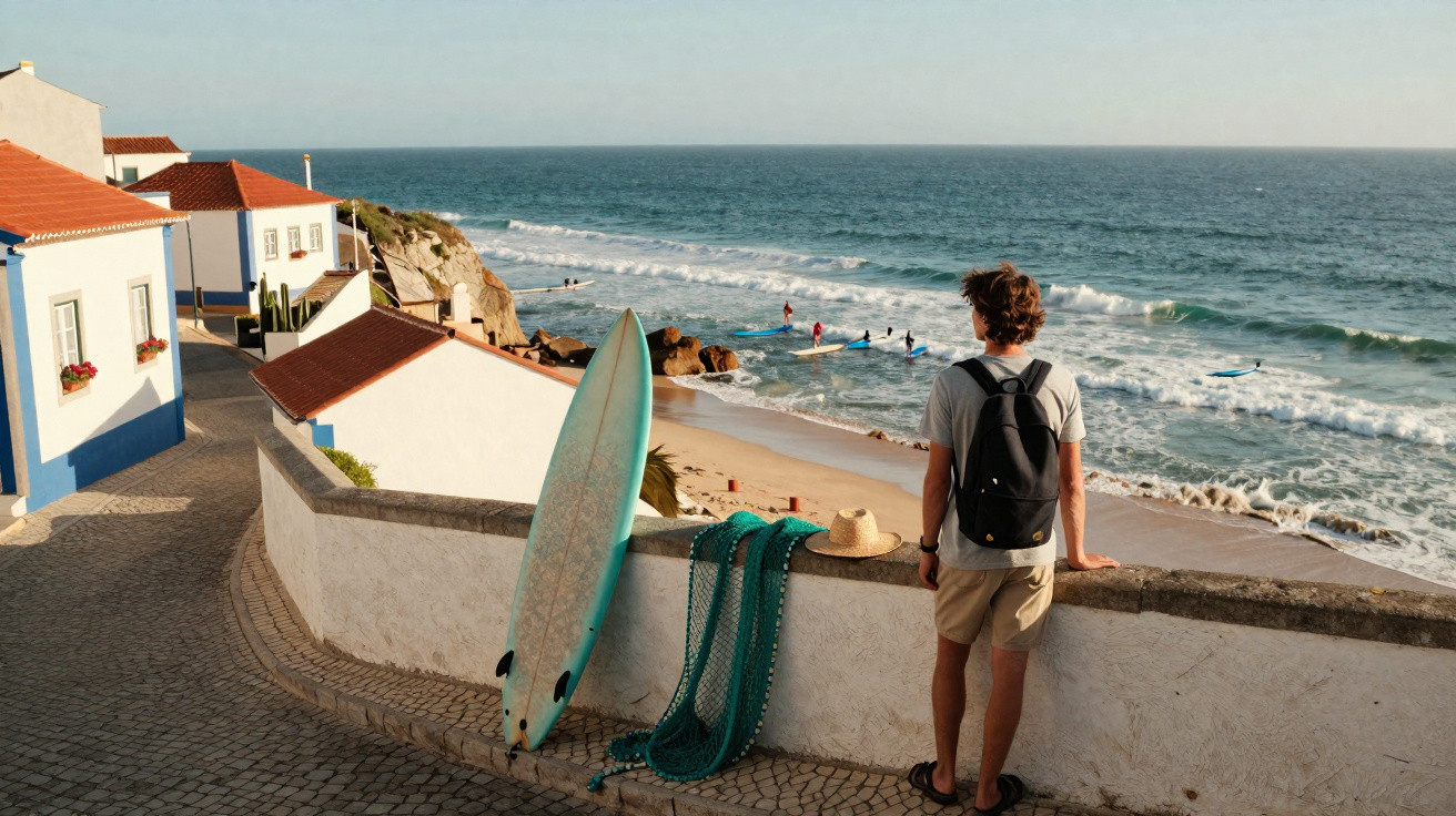 Homem com mochila observa praia com surfistas, prancha e redes ao lado em vila costeira ensolarada.