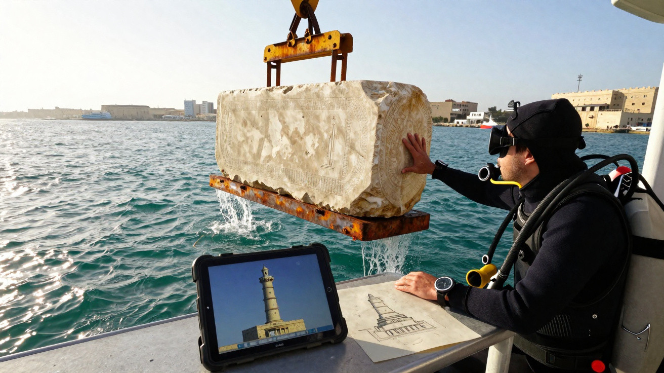 Mergulhador toca pedra antiga suspensa por guindaste sobre barco, próximo a tablet e desenho de farol.