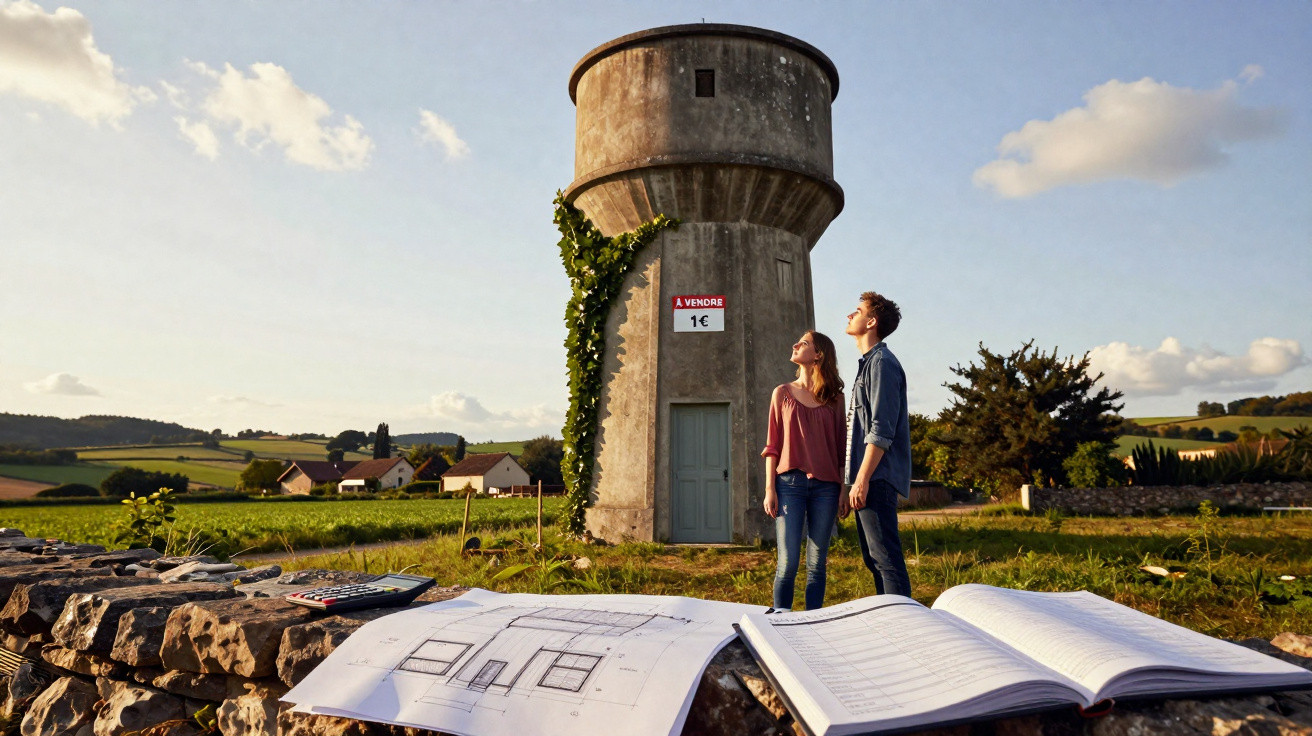 Jovem casal observa torre de água antiga à venda por 1 euro em área rural ao pôr do sol.