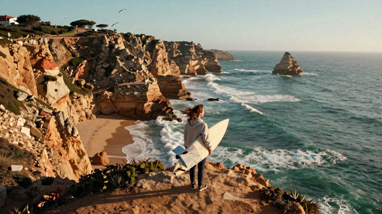 Pessoa com prancha de surf olhando para o mar agitado e falésias rochosas ao entardecer.