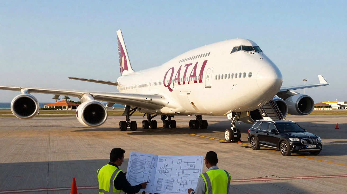 Avião da Qatar Airways no aeroporto com dois homens em coletes refletivos e planta baixa.