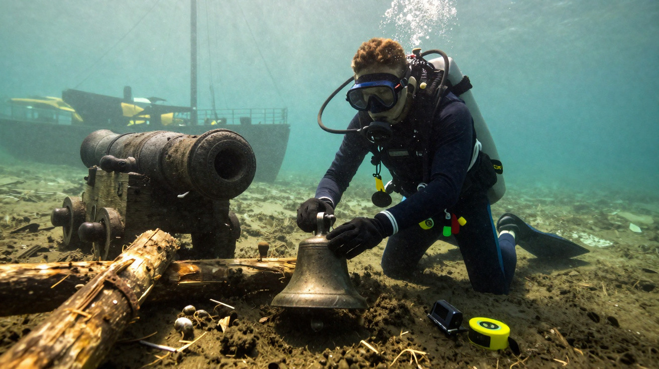 Mergulhador com equipamento completo examina canhão e sino antigos no fundo do mar perto de um navio naufragado.