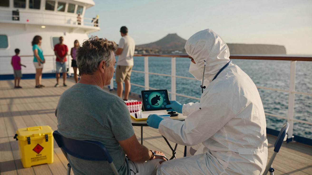 Profissional de saúde em traje de proteção analisa exame em tablet para passageiro no convés de navio.