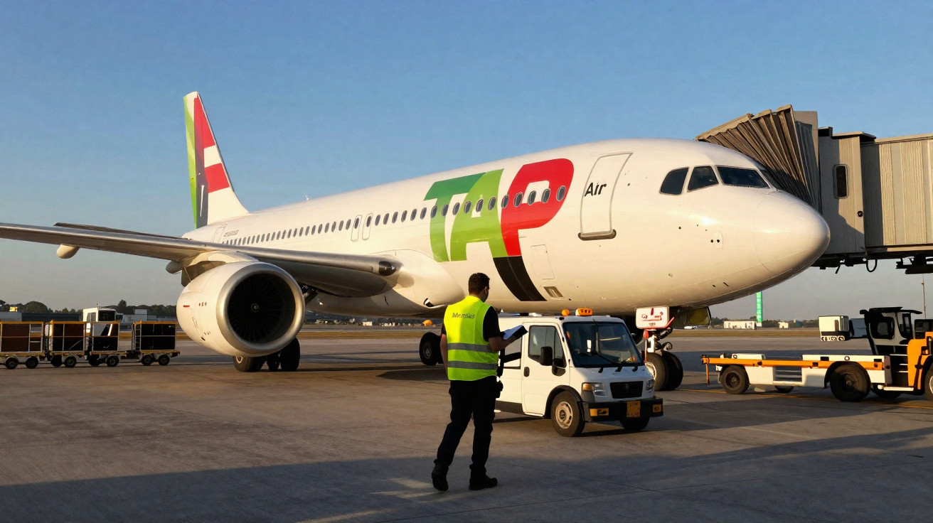 Avião TAP Air Portugal estacionado no portão de embarque com funcionário e veículos no pátio do aeroporto.