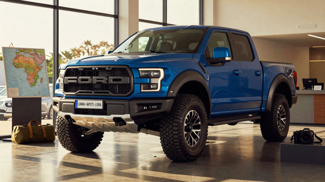 Caminhonete Ford azul modelo Raptor em showroom com mapa e bagagens ao lado.