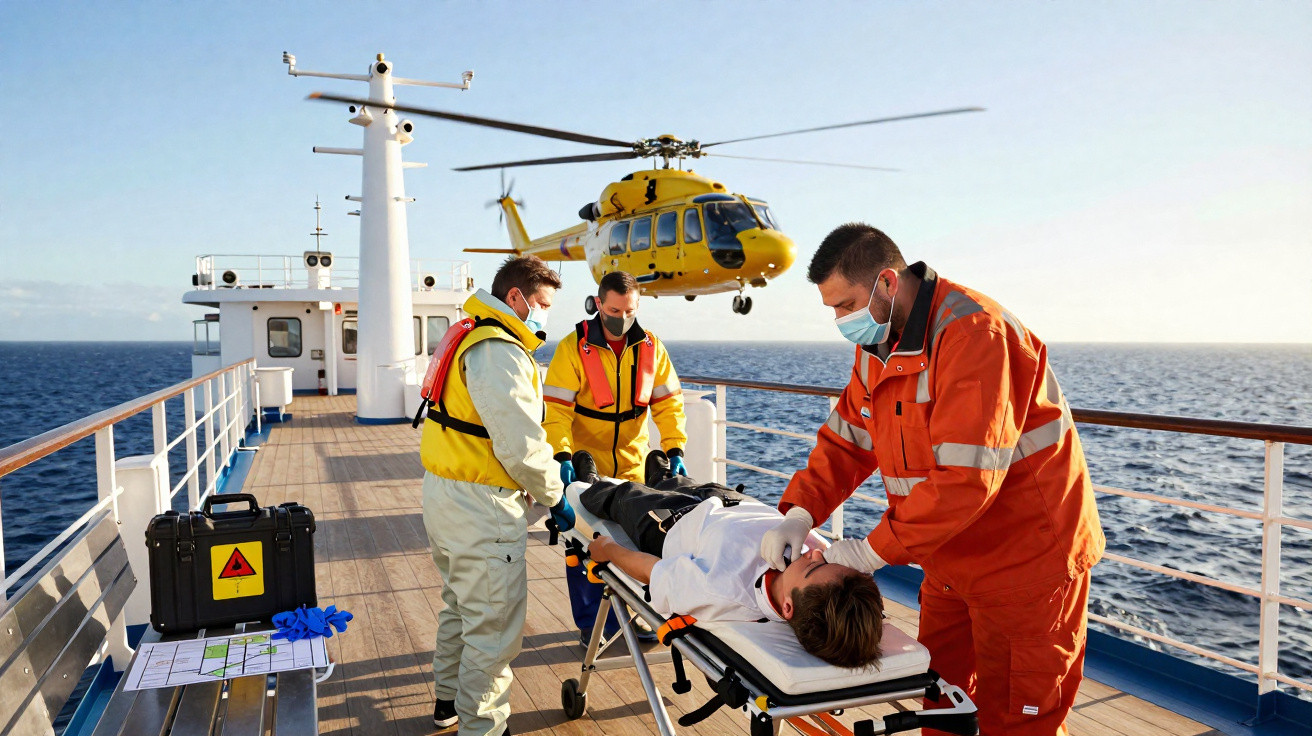 Equipe médica realiza resgate de paciente em maca no convés de navio com helicóptero pousando ao fundo.