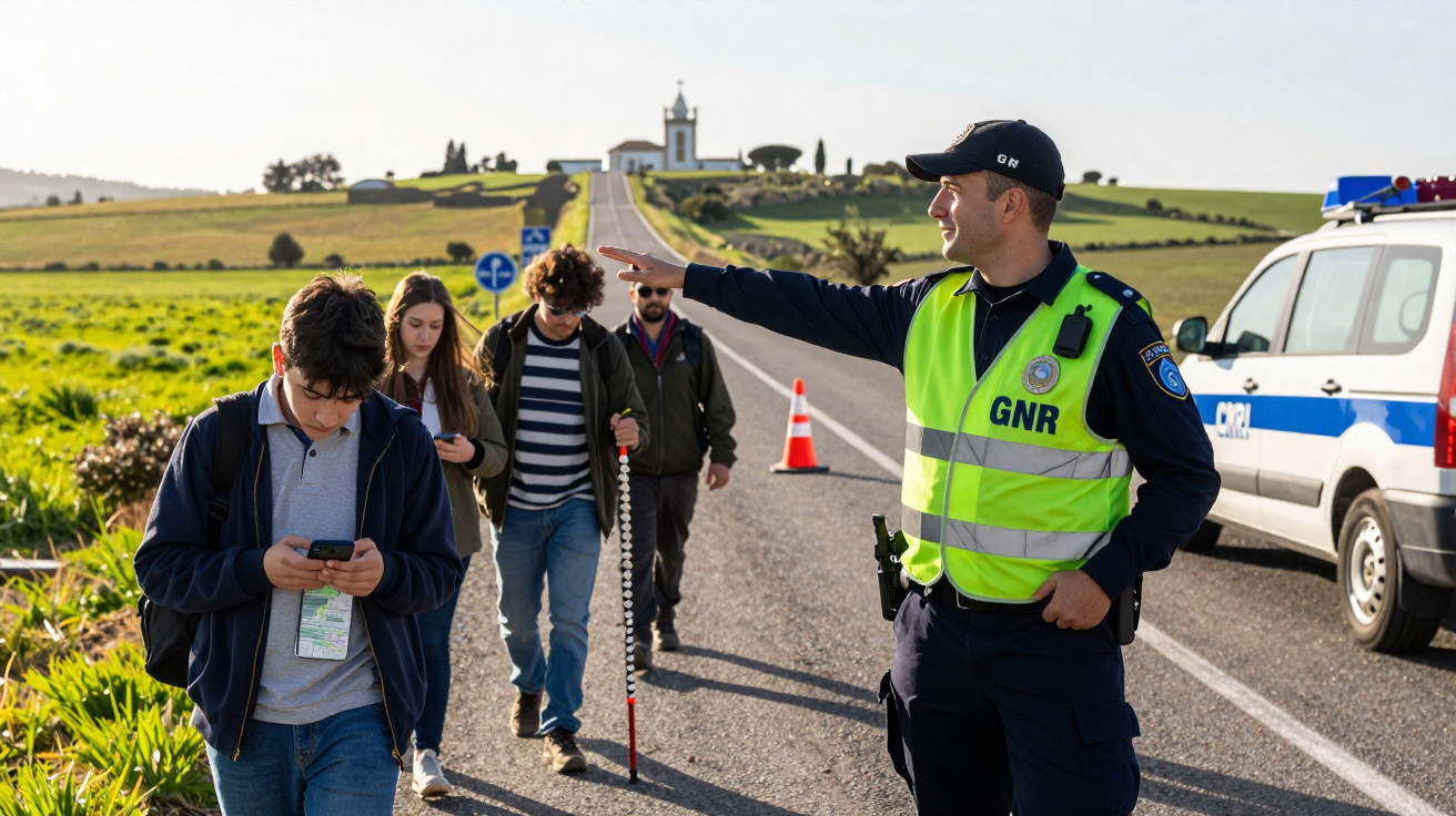Policial da GNR orienta grupo de jovens caminhando em estrada rural com igreja ao fundo.
