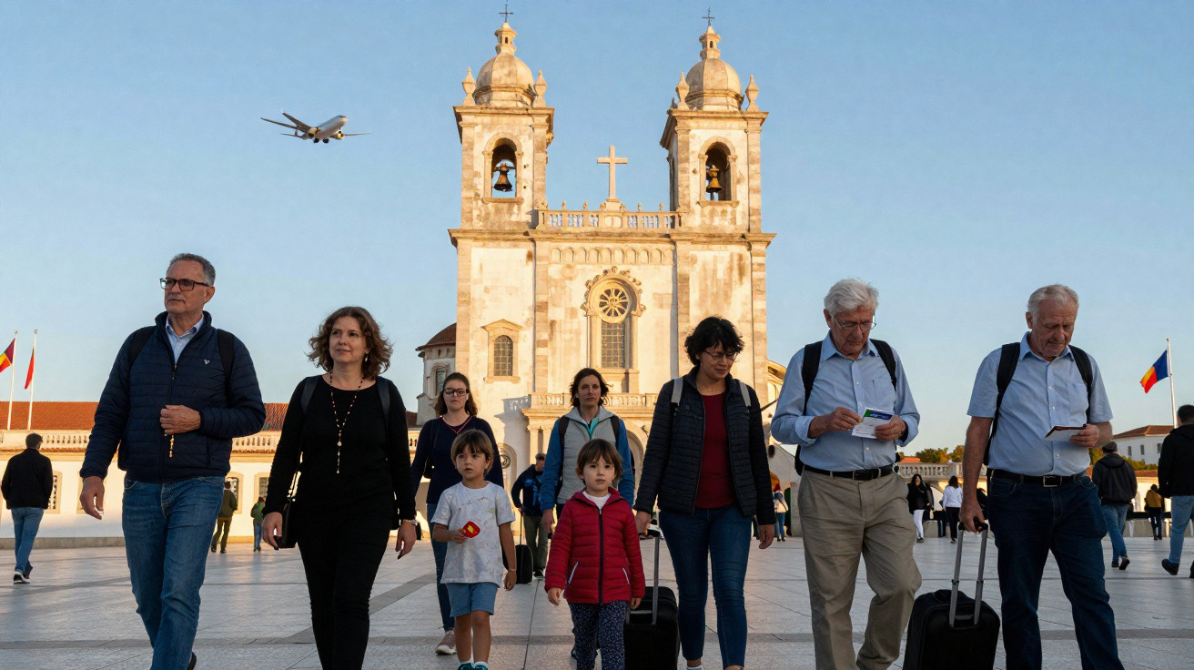 Pessoas caminhando em praça com igreja histórica ao fundo e avião voando no céu azul.