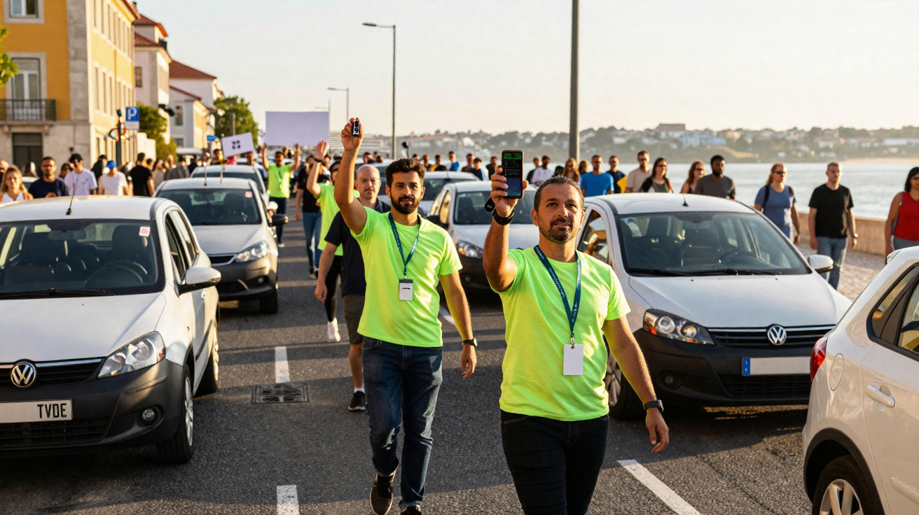 Pessoas com camisetas verdes caminhando em protesto em rua entre carros estacionados ao lado de água.