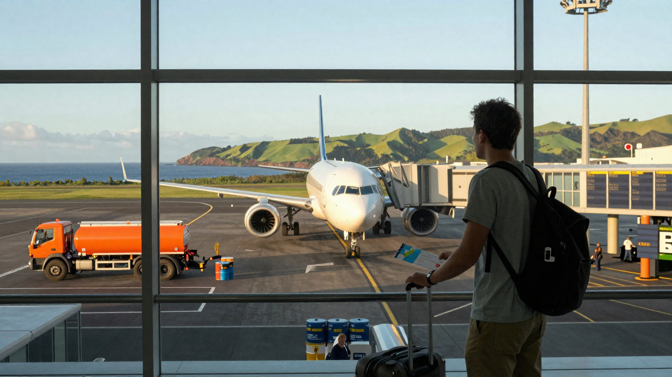 Homem com mochila e mala observa avião estacionado no portão do aeroporto com vista para colinas verdes.