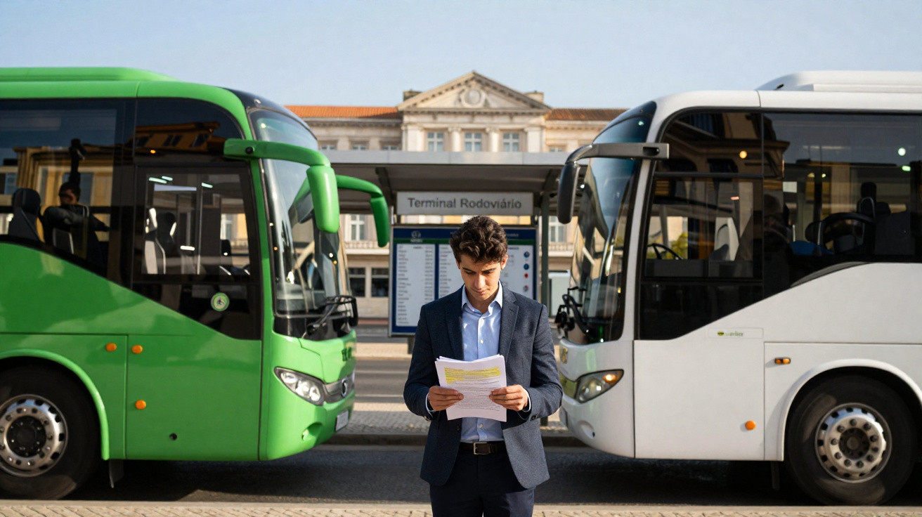 Homem com terno segurando papéis entre dois ônibus, em frente a um terminal rodoviário.