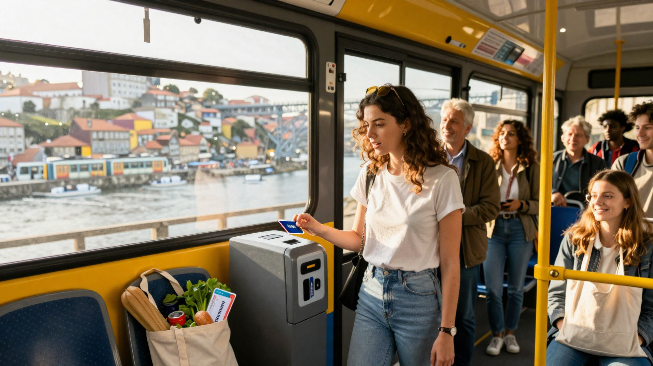 Passageira jovem validando cartão em ônibus público com outros passageiros e sacola de compras ao lado.