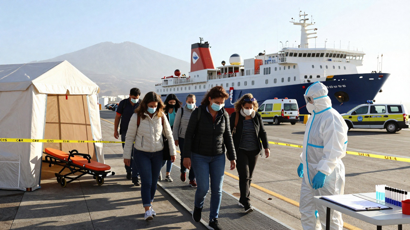 Pessoas de máscara caminhando em área portuária com tenda de atendimento e navio ao fundo.