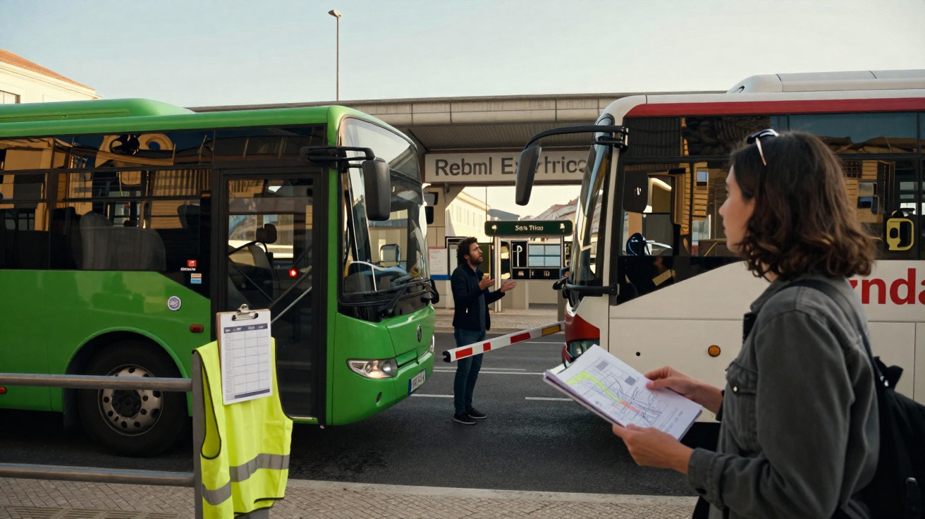 Mulher com mochila consulta mapa enquanto observa dois ônibus parados em terminal de transporte urbano.