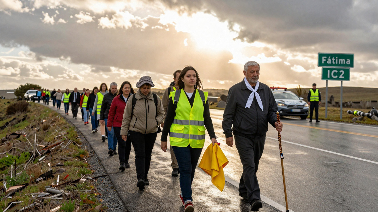 Grupo de pessoas caminhando em estrada com coletes amarelos sob céu nublado, próximo a placa de Fátima IC2.