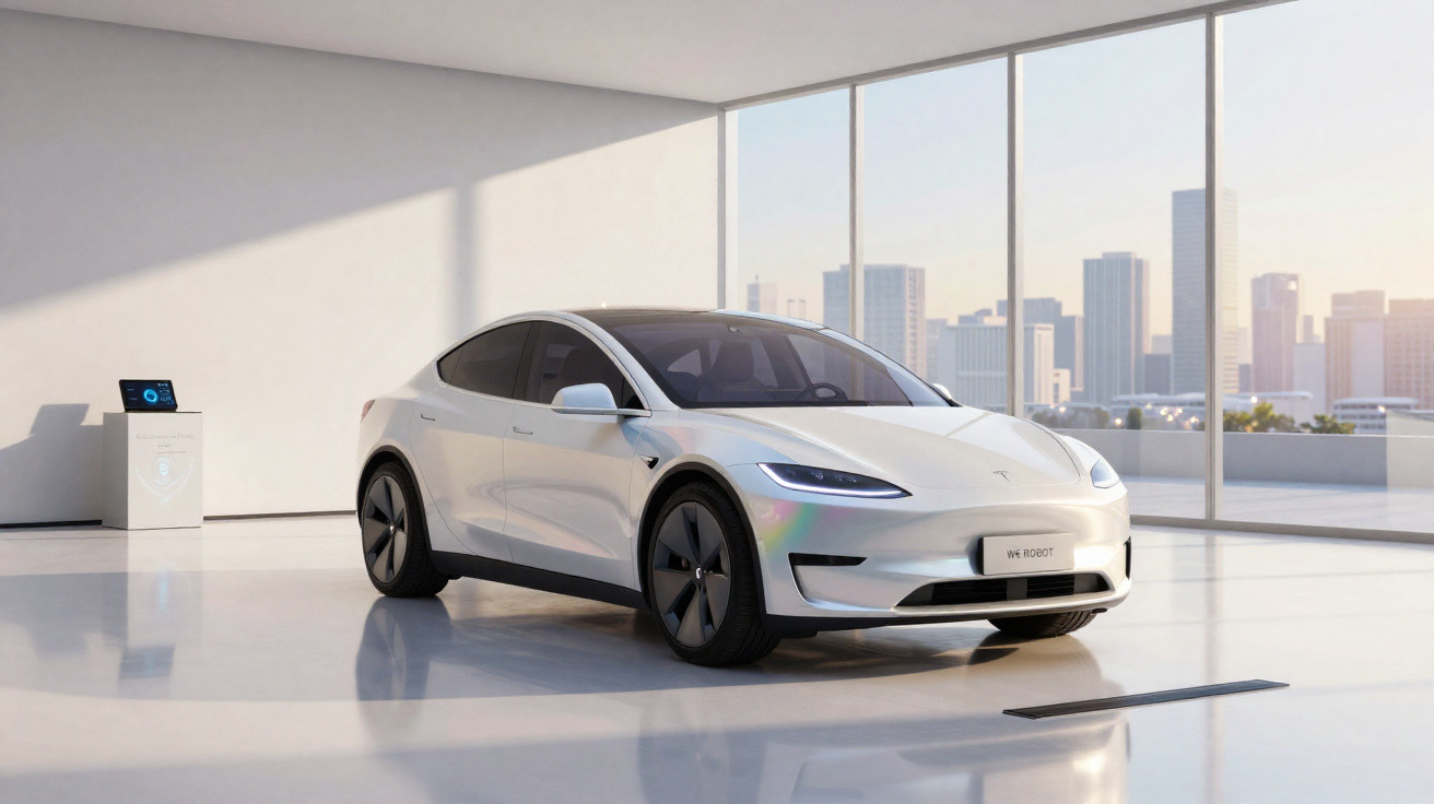 Carro elétrico branco Tesla Model Y em ambiente minimalista com grandes janelas e vista para arranha-céus.