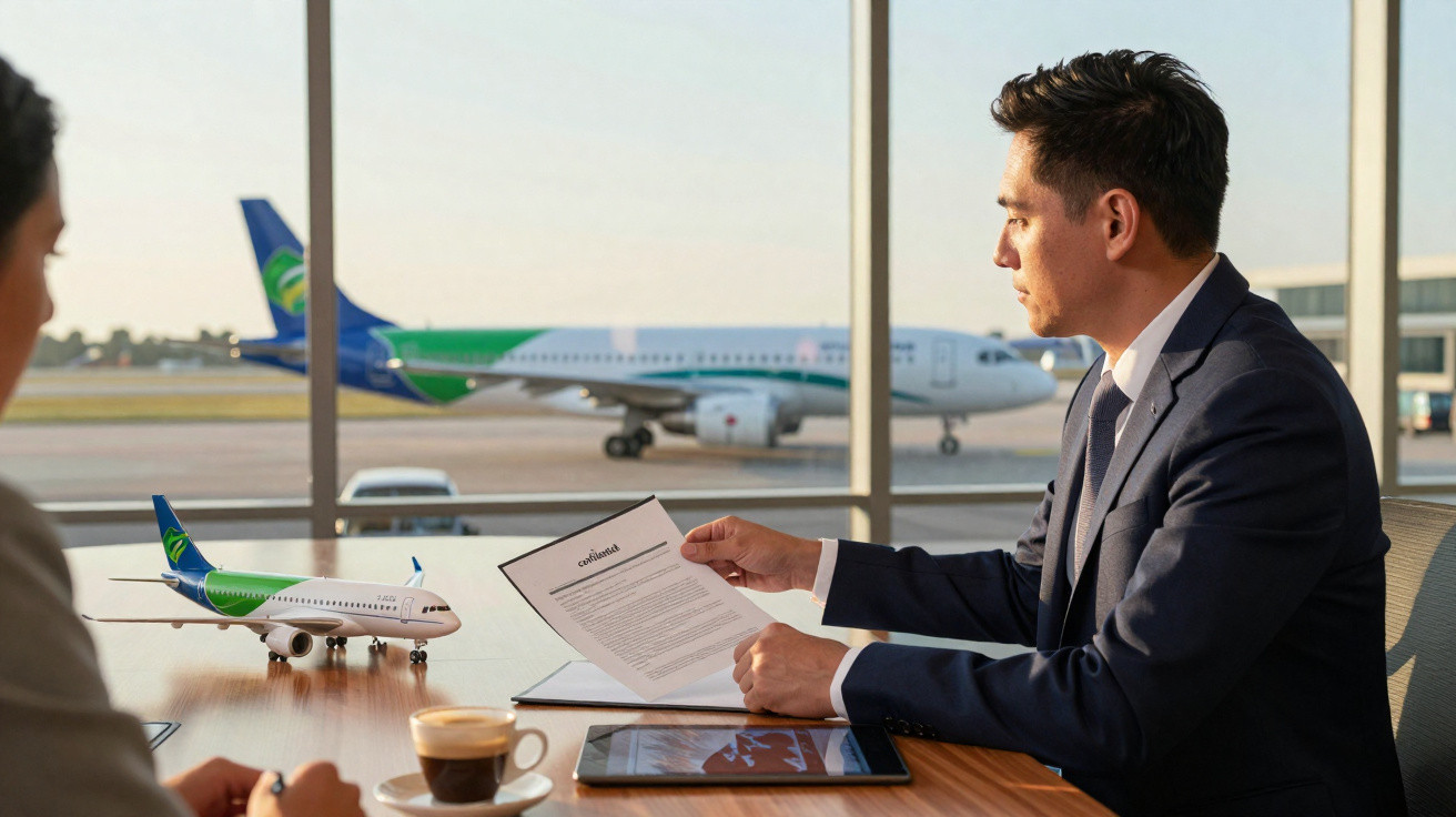 Homem de terno segurando contrato em reunião no aeroporto com avião e maquete de avião ao fundo.