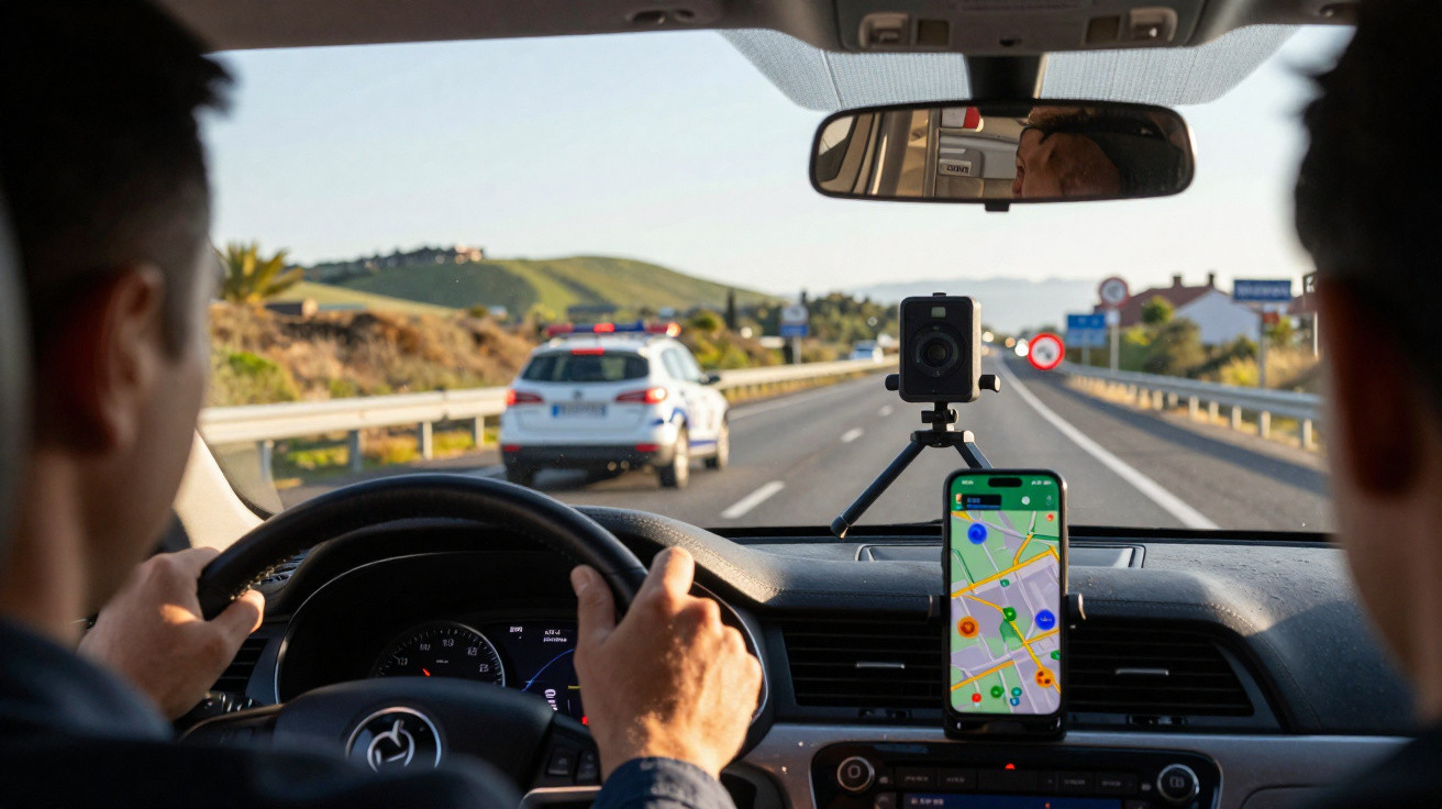 Motorista dirige carro com navegação por GPS e viatura policial na estrada à frente em dia ensolarado.