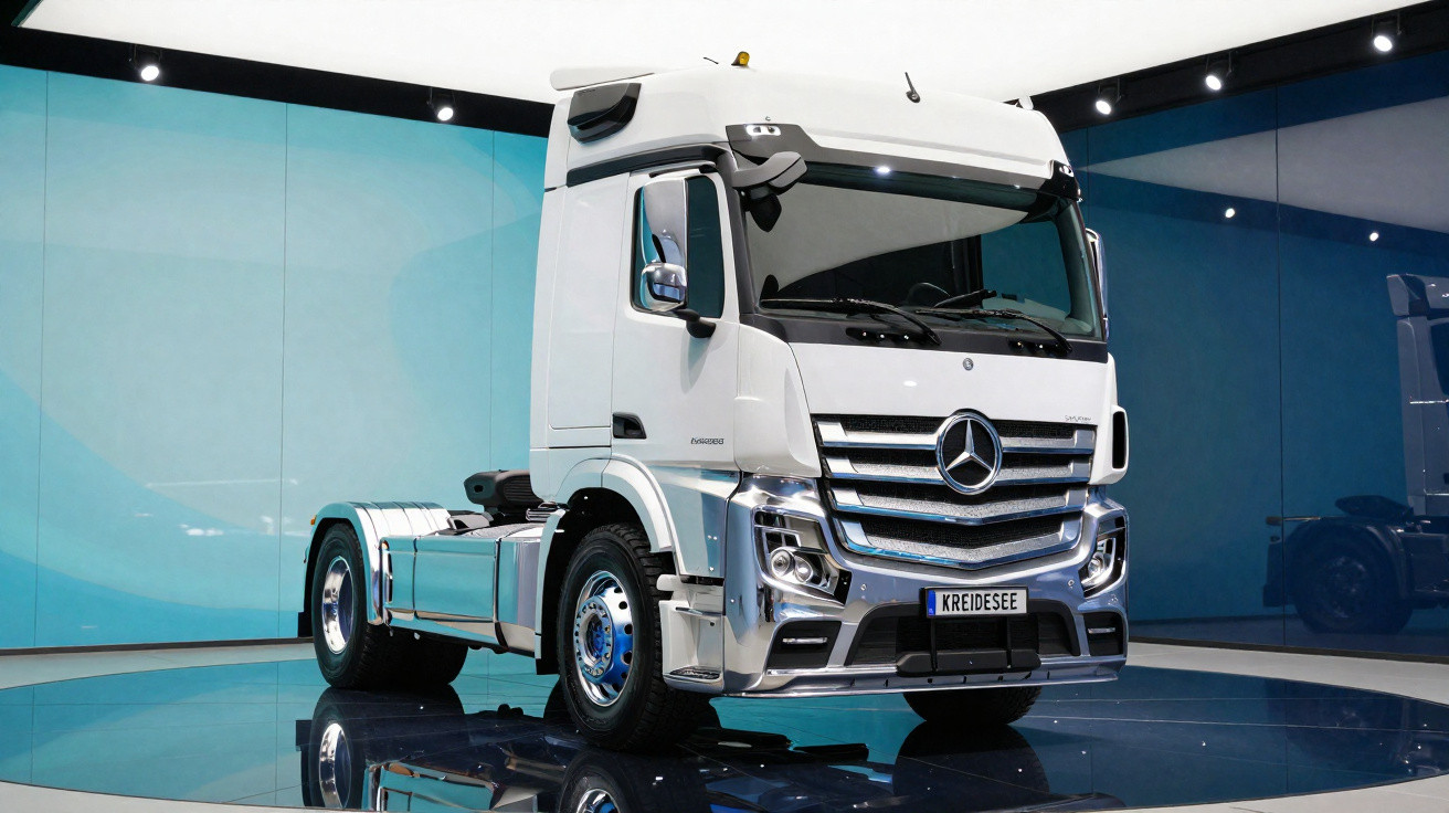 Caminhão branco Mercedes-Benz exposto em plataforma giratória com fundo azul em salão.