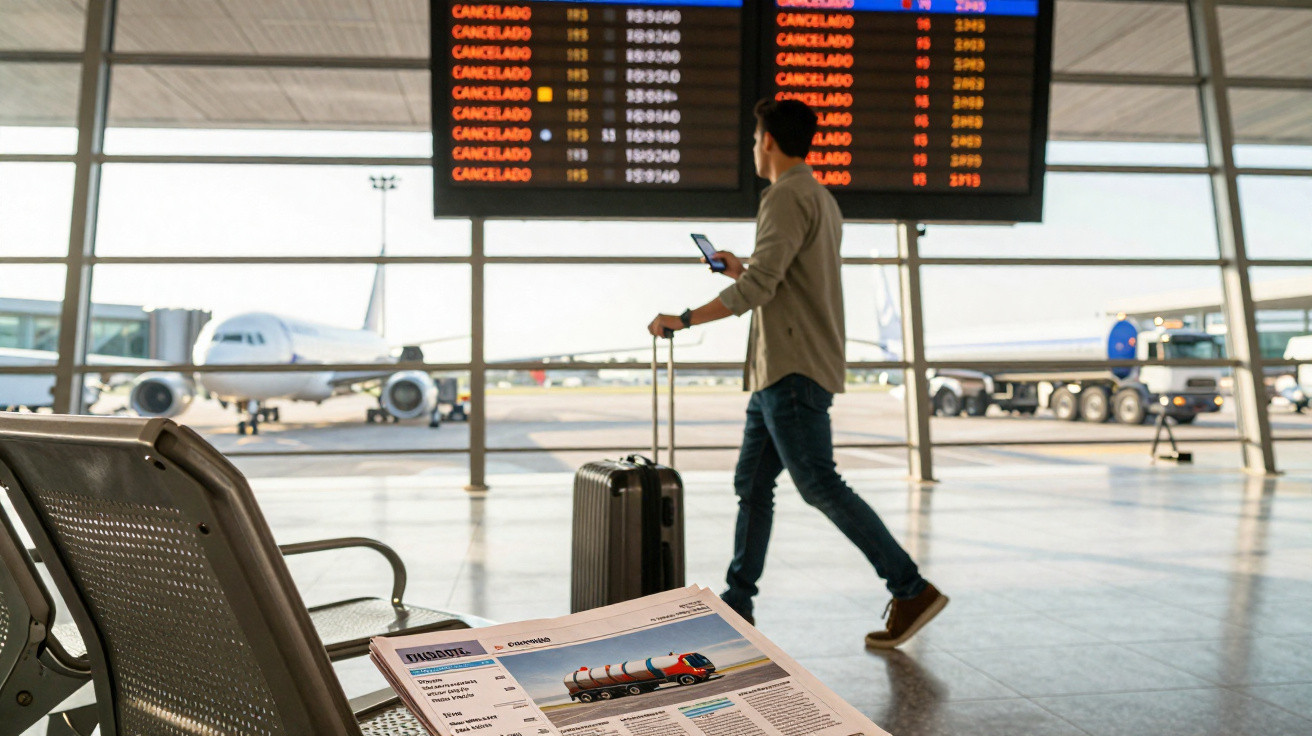 Homem no aeroporto com mala observa painel de voos cancelados enquanto espera próximo a avião estacionado.