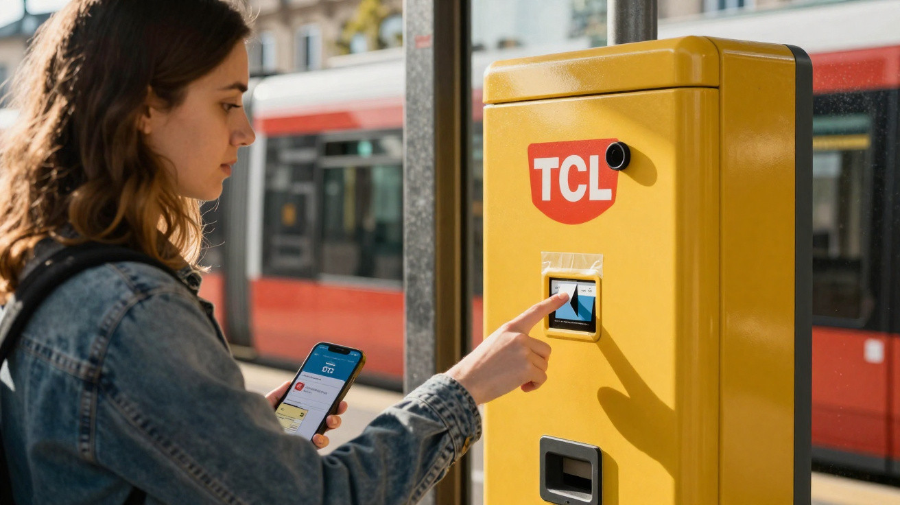 Mulher usando celular e máquina amarela de bilhete TCL em estação de trem.