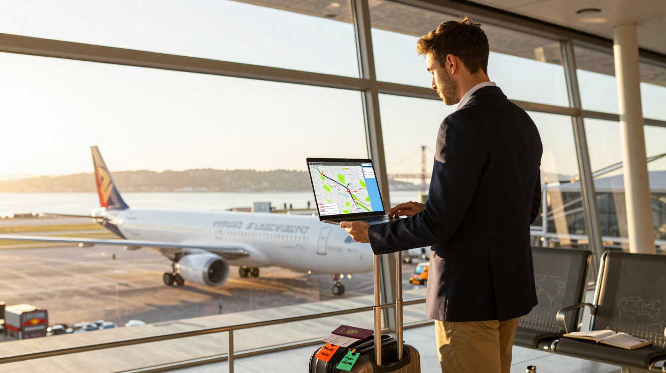 Homem de terno olhando para laptop com mapa aberto, em terminal de aeroporto com avião ao fundo.
