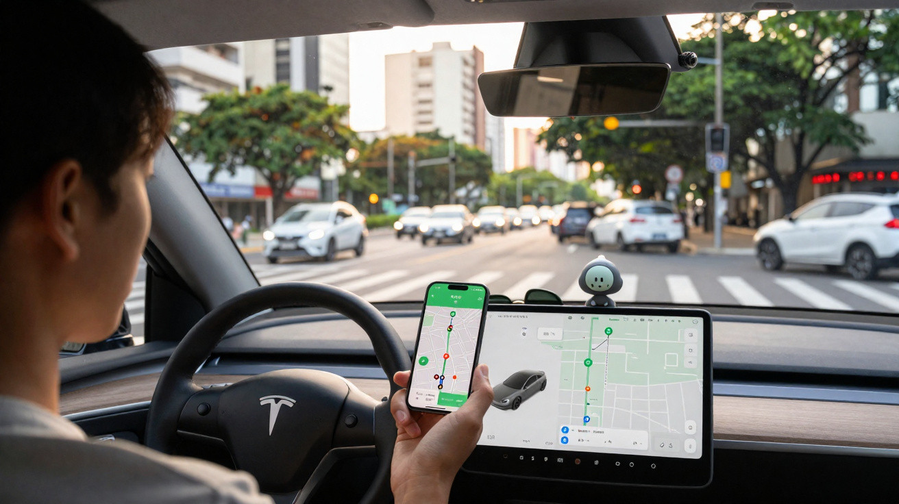 Pessoa dirigindo Tesla com celular e tela do carro exibindo mapas e rotas de navegação em rua urbana.
