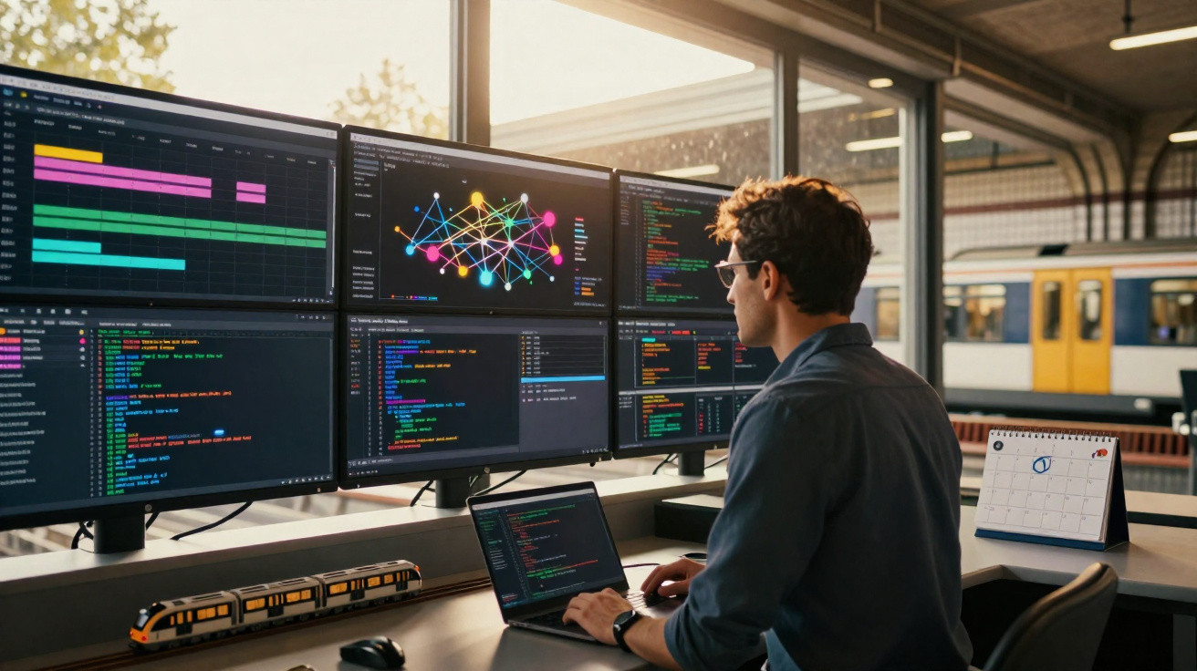 Homem usando óculos programando em laptop, com quatro monitores mostrando códigos e gráficos ao fundo.