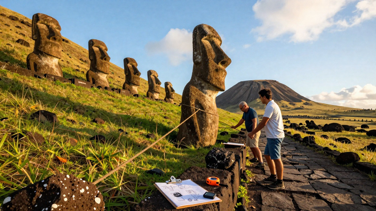 Pesquisadores medem estátuas moai em campo aberto na Ilha de Páscoa com vulcão ao fundo.