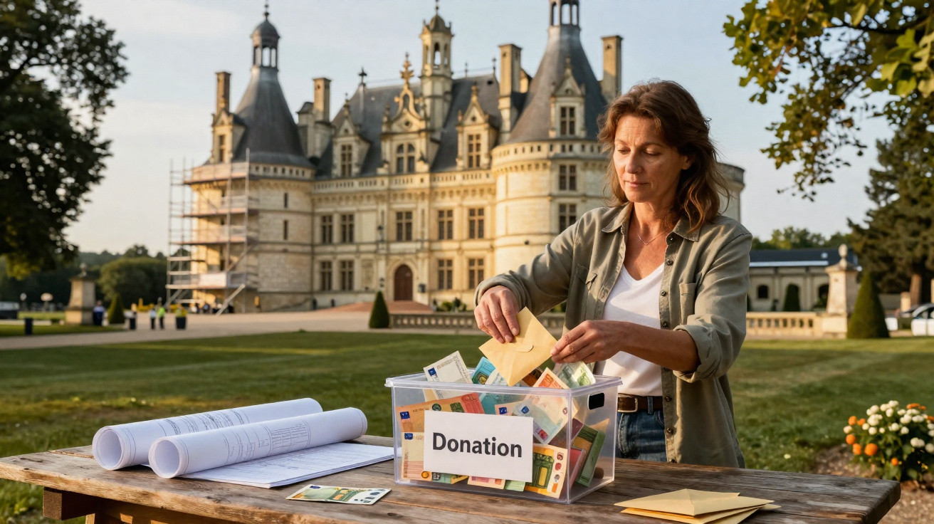 Mulher depositando envelope de doação em caixa transparente em frente a castelo histórico.