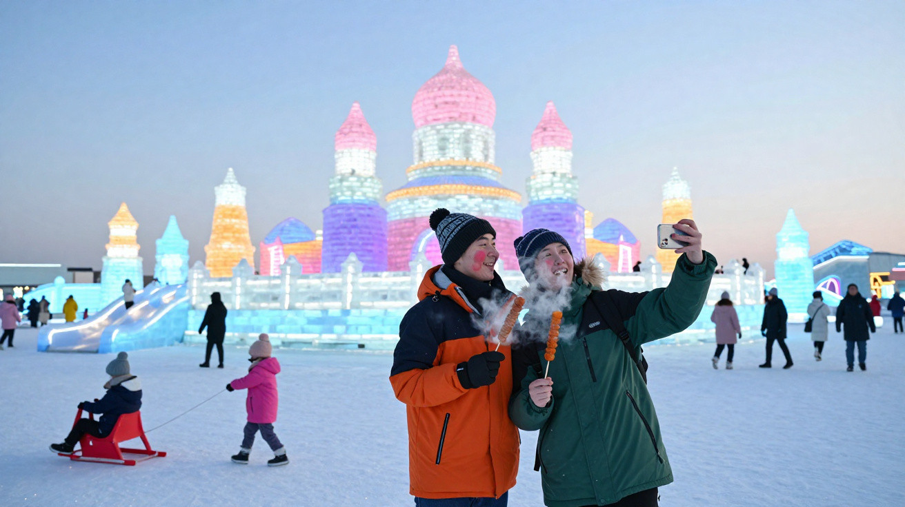 Duas pessoas tirando selfie e comendo doce na neve, com castelo de gelo iluminado ao fundo.