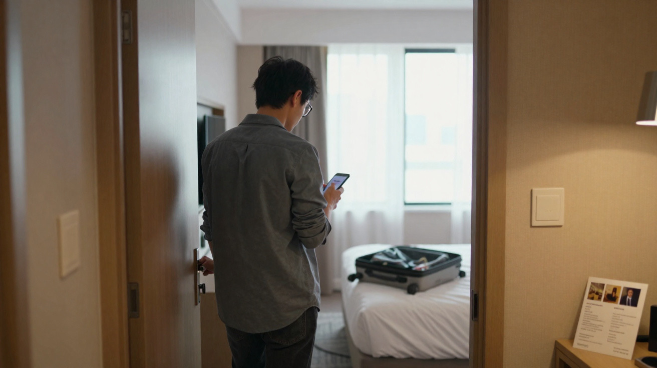 Homem de costas usando celular em quarto de hotel com mala aberta sobre a cama.