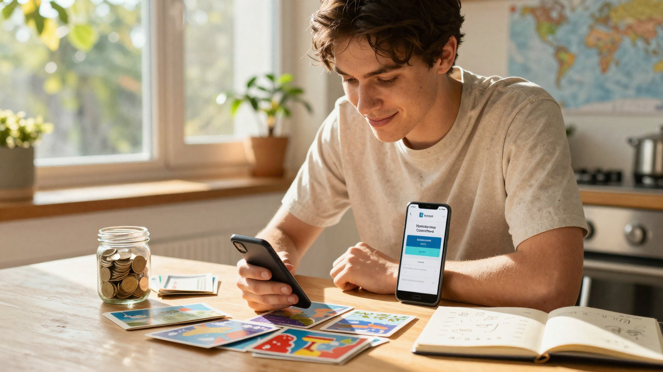 Jovem sentado à mesa com moedas, livros, cartões coloridos e dois celulares, sorrindo enquanto olha um telefone.