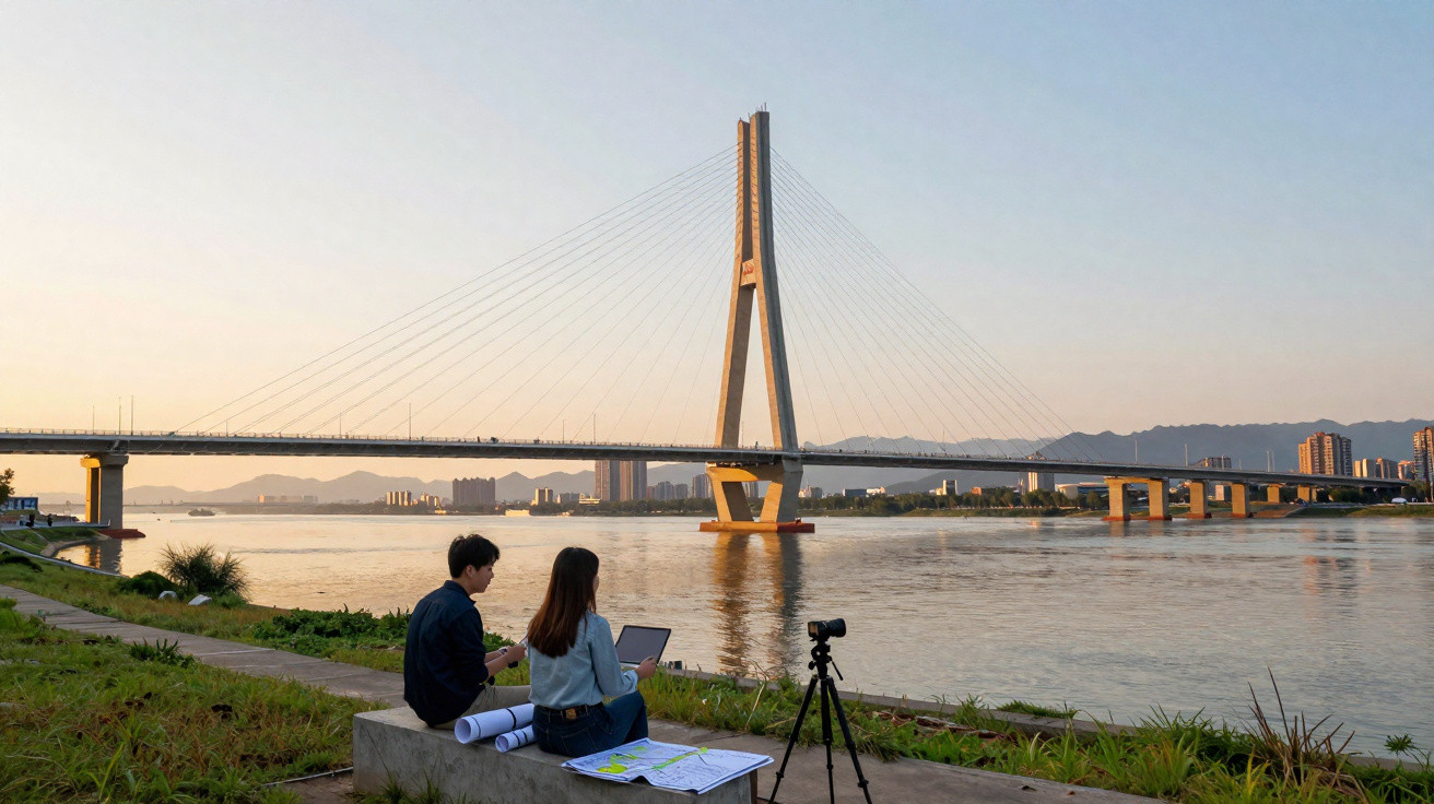 Duas pessoas sentadas à beira do rio com plantas, papéis e câmera, vista para ponte suspensa ao pôr do sol.