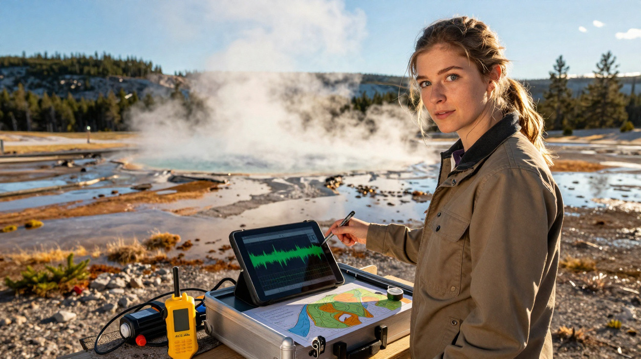 Mulher cientista em campo analisando dados geotérmicos em tablet próximo a fonte termal com vapor.