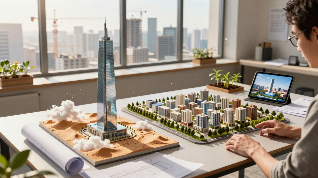 Arquitetura com maquete urbana e arranha-céu em mesa de escritório com plantas e pranchetas.