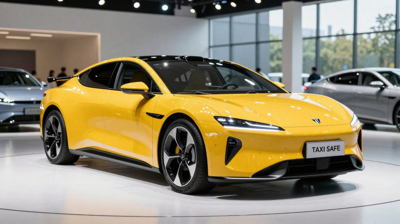 Carro esportivo elétrico amarelo em exposição, modelo com placa "TAXI SAFE" em salão moderno.
