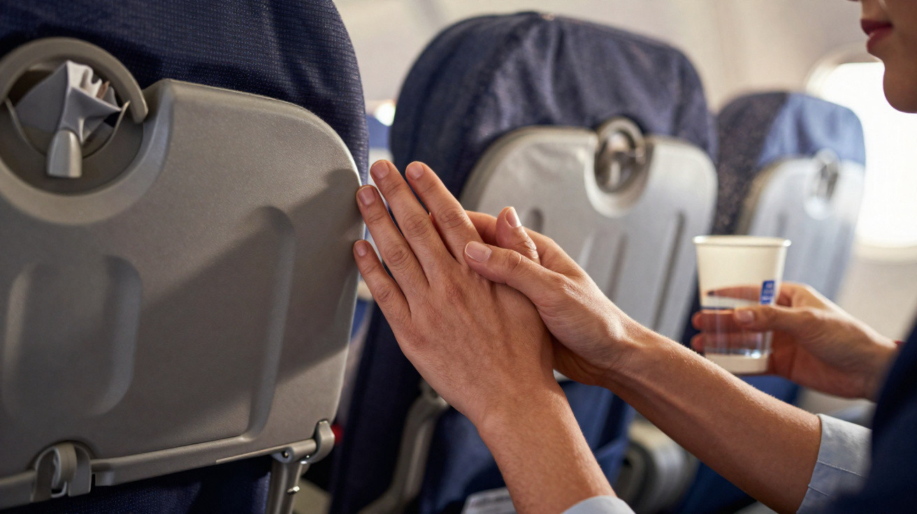 Mãos de passageiro segurando copo e limpando sujeira no encosto de assento de avião.