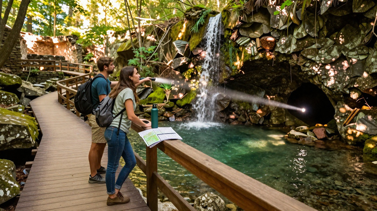 Casal com mochilas observa cachoeira e luzes saindo de caverna em área natural com passarela de madeira.