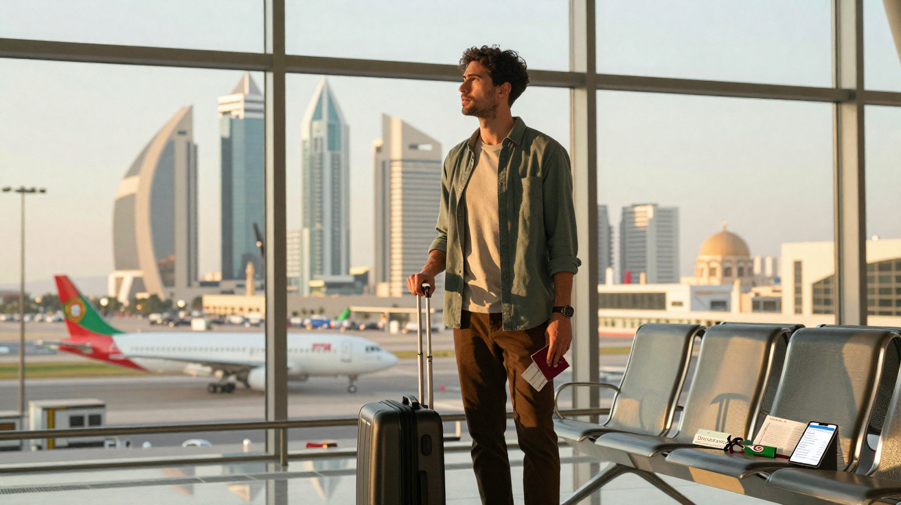 Homem segurando passaporte e mala de viagem em aeroporto com aviões e prédios ao fundo.