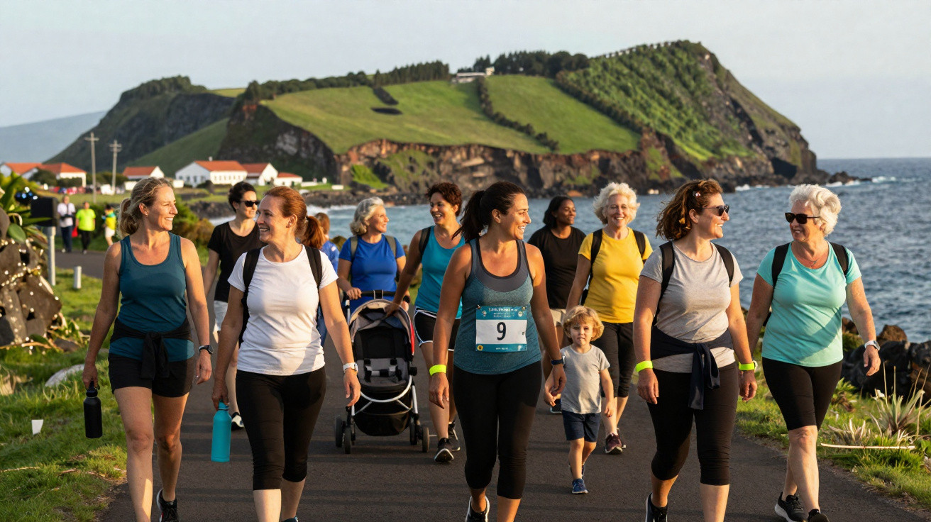 Grupo diverso de pessoas caminhando à beira-mar com paisagem de ilha ao fundo em dia ensolarado.