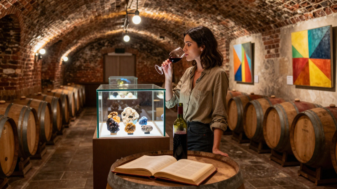 Mulher provando vinho em adega com barris, joias em vitrine e livro aberto sobre barril.